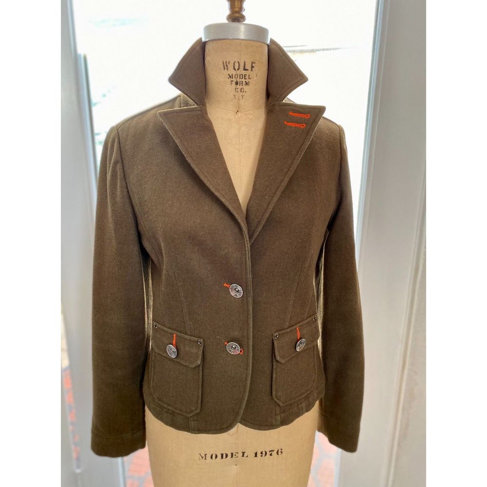 Level 99 Khaki Green Wool Blend Fitted Military Style Two Button Jacket Size S